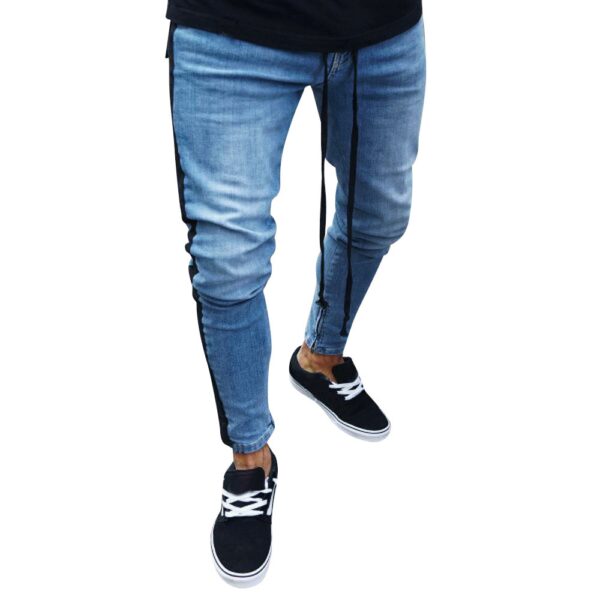 Men‘s Casual Skinny Denim Trousers High Street Hip Hop Pure Color Jeans Pocket Zipper Slim Fit Hole Shredded Long Pants YL5