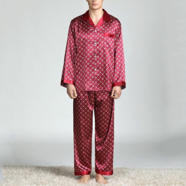 Men Pajama Set Summer Imitation Silk Pajama Set Print Shirt Long Pants Sleepwear Nightwear Top + Pants Home Summer Sleepwear