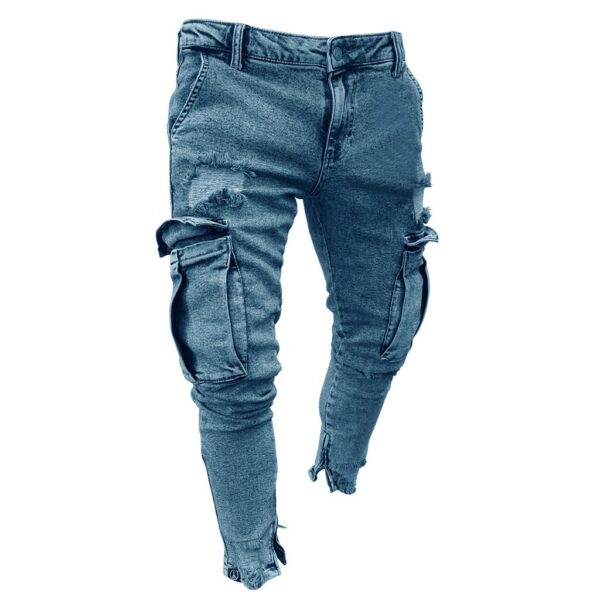 Men‘s Casual Skinny Denim Trousers High Street Hip Hop Pure Color Jeans Pocket Zipper Slim Fit Hole Shredded Long Pants YL5