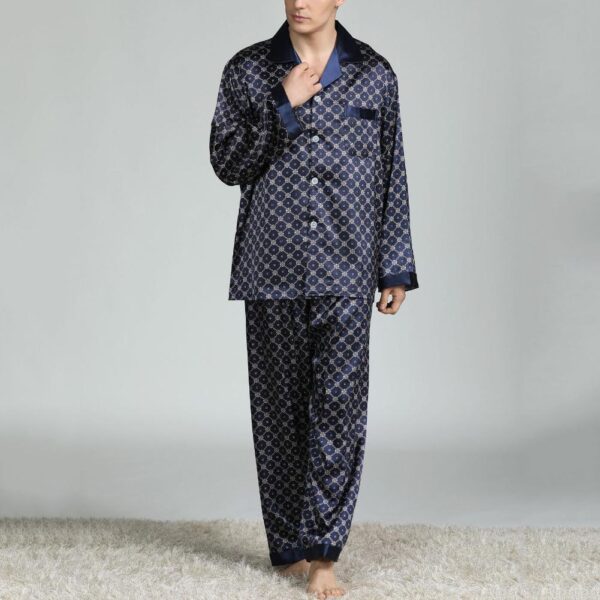 Men Pajama Set Summer Imitation Silk Pajama Set Print Shirt Long Pants Sleepwear Nightwear Top + Pants Home Summer Sleepwear