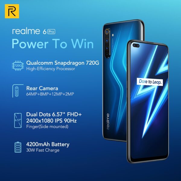 Realme 6 Pro Mobile Phone 6.6inch 90Hz Display 64MP Camra 8GB 128GB Snapdragon 720G Smartphone 4300mAh Battery 30W Flash Charge