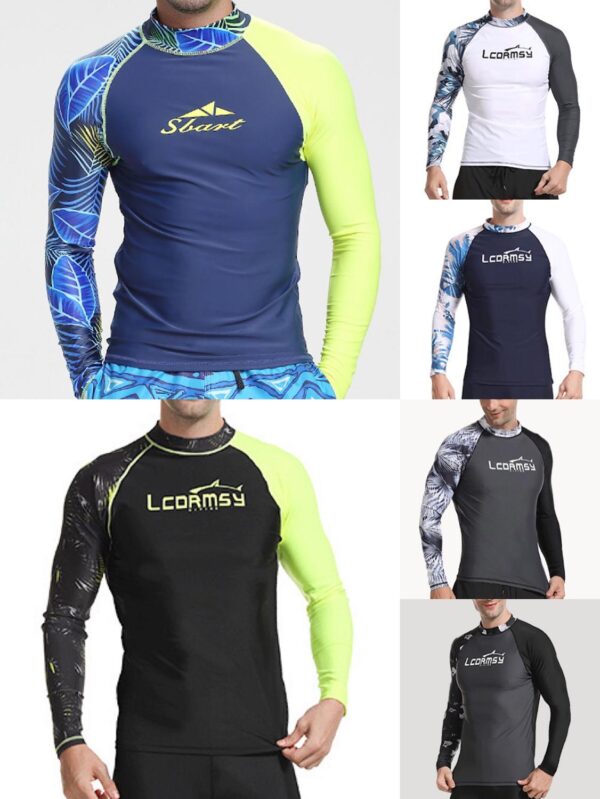 Sbart rash guard men UPF 50+ Long Sleeve Splice UV Sun Protection Basic Skins Surfing Diving Swimming T Shirt Blue Black M 3X