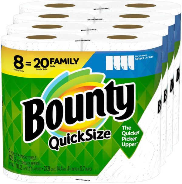 Bounty Quick-Size Paper Towels, White, 8 Family Rolls = 20 Regular Rolls (Packaging May Vary)