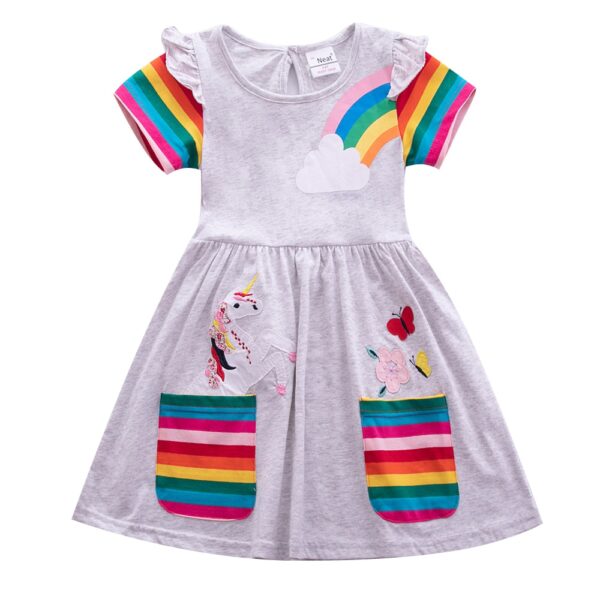Girl short-sleeved unicorn dress pony cartoon dress printed embroidered cotton round neck dress for girls kids summer dress
