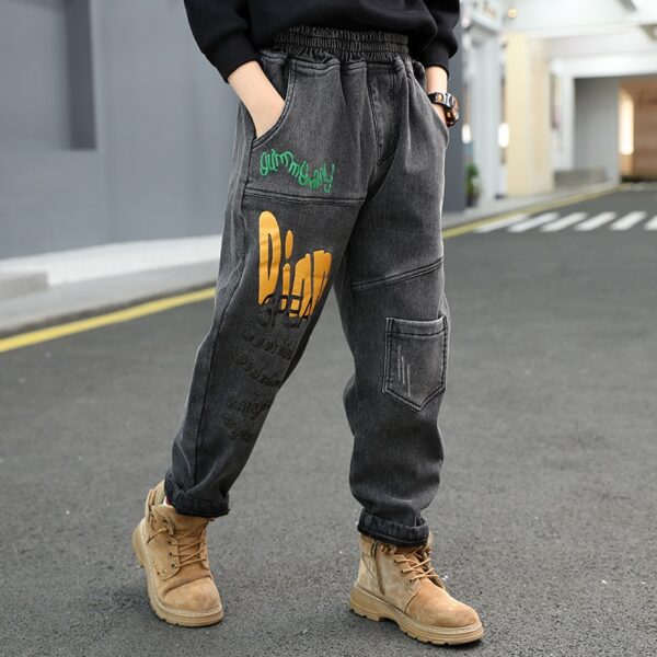 Print Elastic Waist Boys Denim Pants 3-15 Years Old Children's Clothes Black Spring and Autumn Kids Trousers Casual Clothes