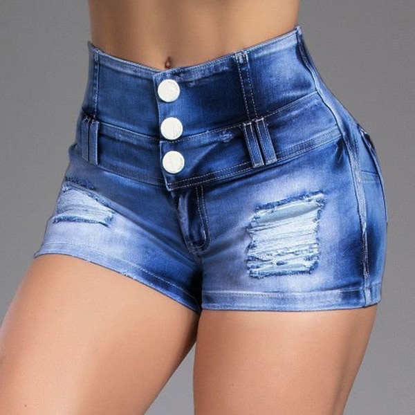 Jean Shorts Women Summer High Waist Button Design Slim Fit Pants Sexy Female Skinny Short Jeans Blue Black Denim Shorts