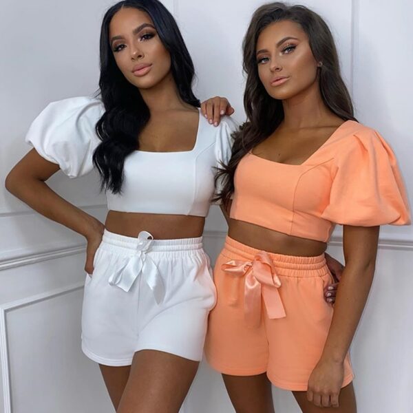 NewAsia Womens Loungewear Set Square Collar Short Puff Sleeve Crop Top Shorts Two Piece Set Summer Solid Color Casual Outfits