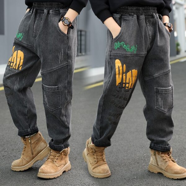 Print Elastic Waist Boys Denim Pants 3-15 Years Old Children's Clothes Black Spring and Autumn Kids Trousers Casual Clothes