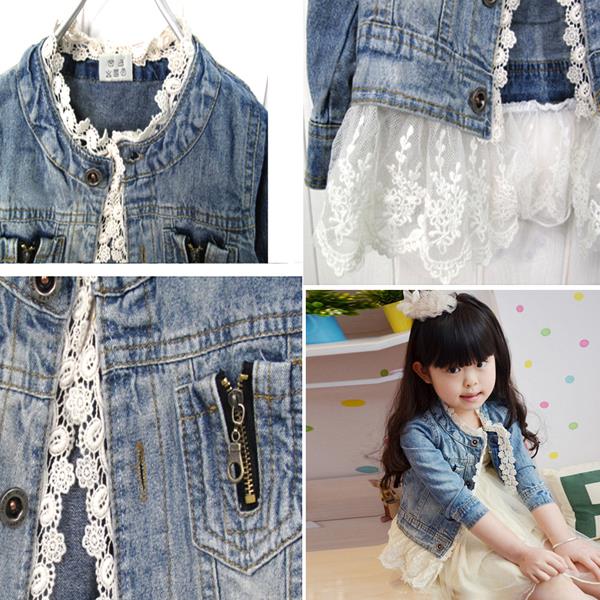Girls Jean Jackets Kids Lace Coat Long Sleeve Button Denim Jackets For Girls 2-7Y New Woolen Fashion Patchwork