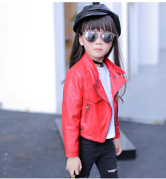 girls pu jacket rivet zipper cool jacket Leather clothing for girls 5-13 years oldClassic collar zipper leather motorcycle
