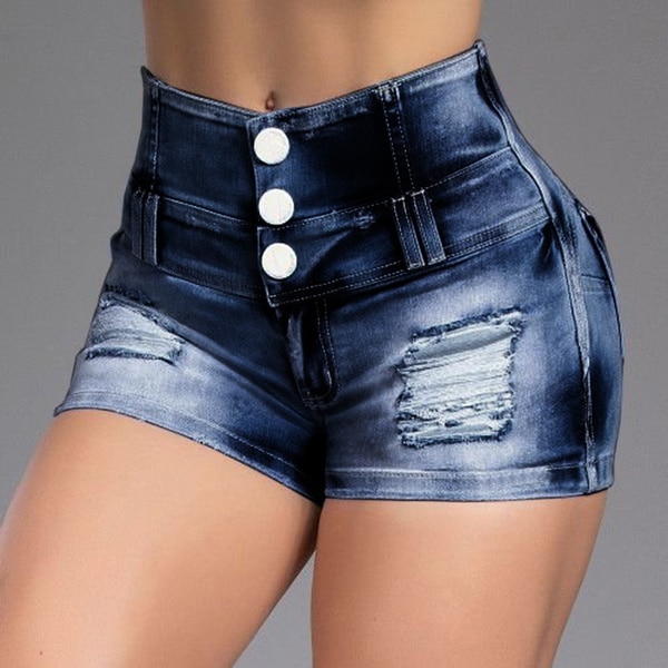 Jean Shorts Women Summer High Waist Button Design Slim Fit Pants Sexy Female Skinny Short Jeans Blue Black Denim Shorts